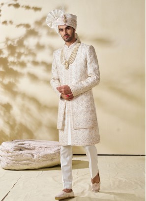 Off White Embroidered Wedding Wear Sherwani For Men