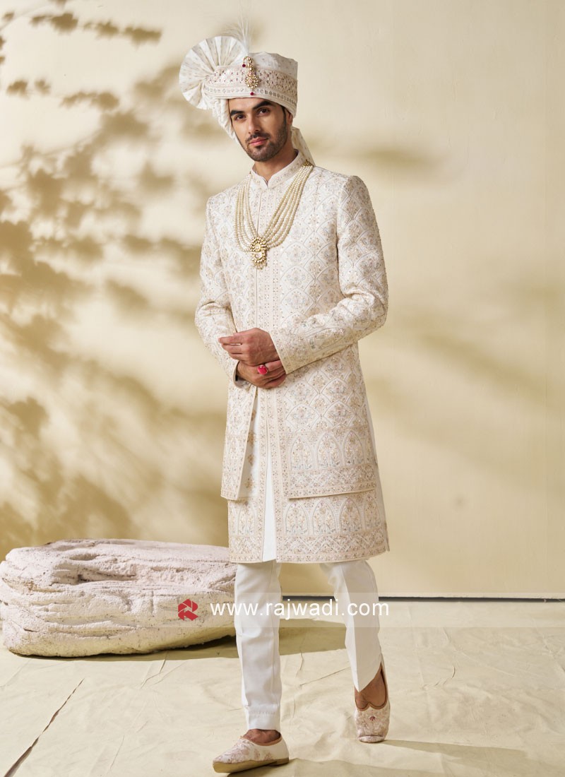 Wedding Wear Indo Western Plus Size Men Sherwani In Cream Color -67
