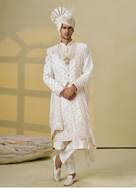 Off White Sherwani Set In Silk With Dupatta