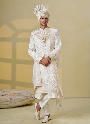 Off White Sherwani Set In Silk With Dupatta