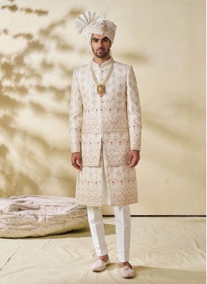 Off White Sherwani Set In Silk With Embroidery
