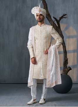 Off White Silk Embroidered Groom Sherwani With Dupatta