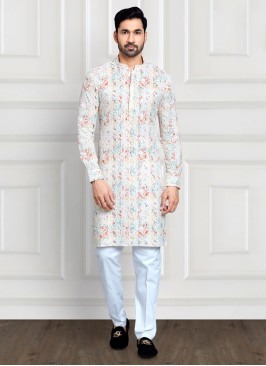 Off White Thread Embroidered Readymade Kurta Pajama For Men