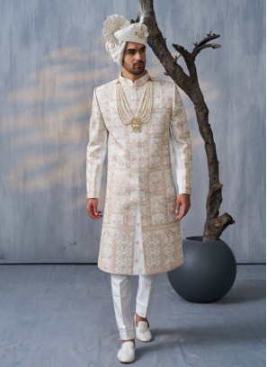 Off White Wedding Wear Silk Embroidered Sherwani