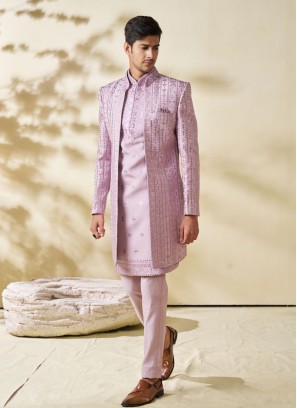 Onion Pink Jacket Style Embroidered Indowestern Set