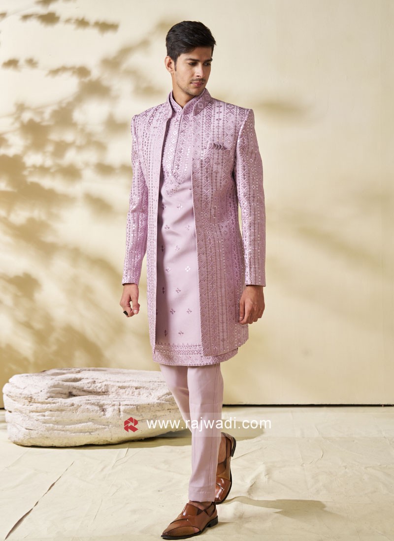 Onion Pink Jacket Style Embroidered Indowestern Set