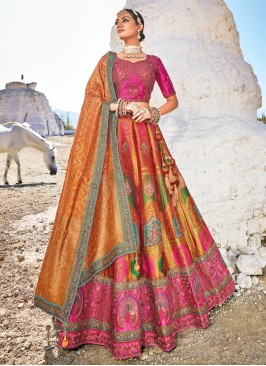 Invaluable Multi Color Embroidered Banarasi Jacquard Silk Lehenga Choli
