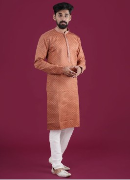 Orange Readymade Cotton Silk Printed Kurta Pajama