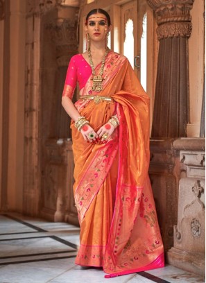 Designer Orange Paithani Silk Saree