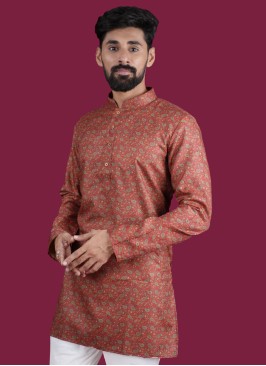 Paisley Printed Maroon Cotton Mens Kurta