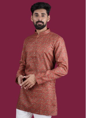 Paisley Printed Maroon Cotton Mens Kurta