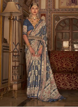 Paramount Blue Digital Print Silk Designer Saree