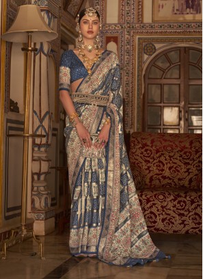 Paramount Blue Digital Print Silk Designer Saree