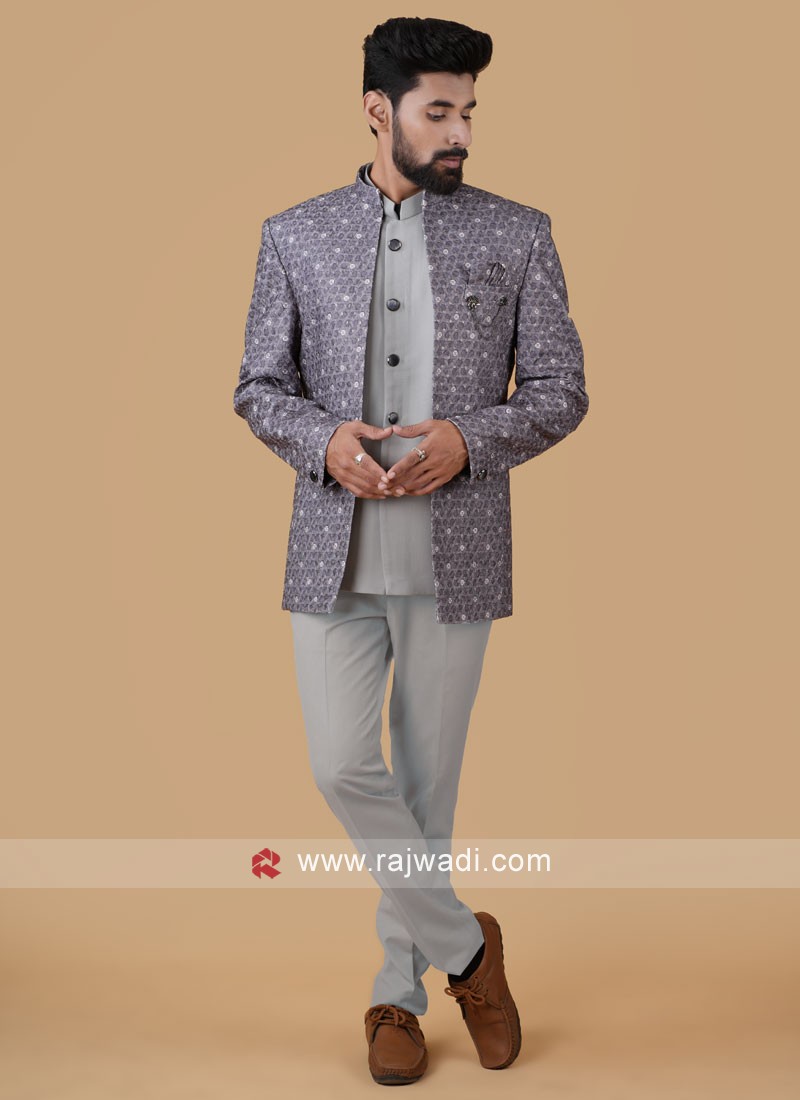 Floral Printed Jodhpuri Suit In Brown Color