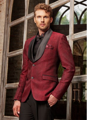 Party Wear Emboss Fabric Maroon Suit