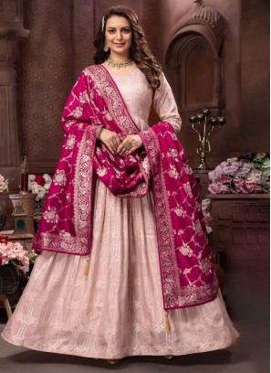 Onion Pink Taffeta Silk Plain Palazzo Anarkali Suit with Sequin Dupatta