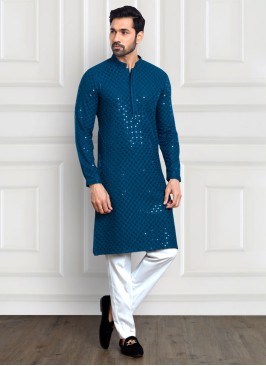 Peacock Blue Cotton Silk Readymade Kurta Pajama