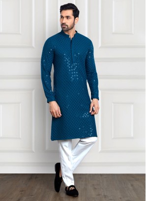 Peacock Blue Cotton Silk Readymade Kurta Pajama