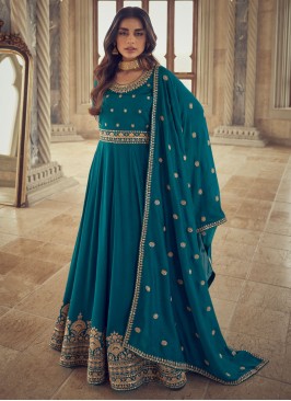 Peacock Blue Floor Length Anarkali Dress With Dupatta