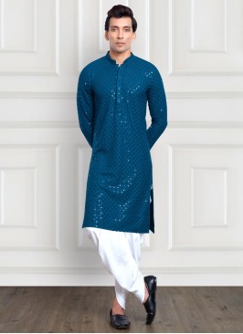 Peacock Blue Sequins Embroidered Readymade Kurta Pajama