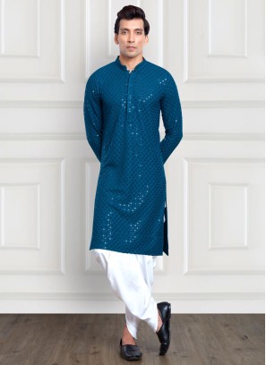 Peacock Blue Sequins Embroidered Readymade Kurta Pajama