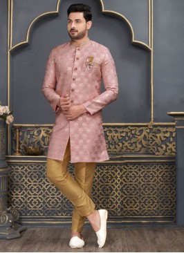 Pink And Golden Indowestern In Jacquard Silk