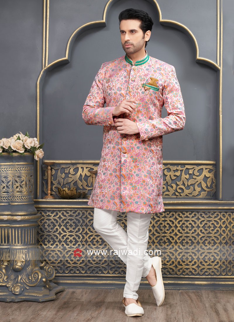 Pink And White Jacquard Silk Indowestern Set