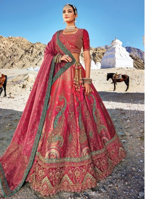 Exclusive Dark Crimson Banarasi Jacquard Silk Bridal Lehenga Choli
