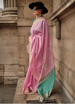 Designer Pink Woven Handloom Silk Trendy Saree
