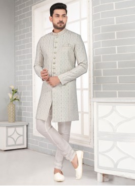 Pista Green And Off White Art Silk Indowestern Set