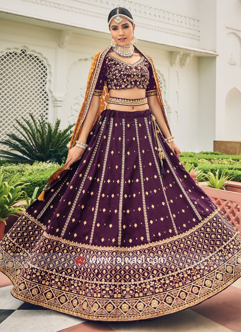 Eye Captivating Wine Color Heavy Work Bridal Velvet Base Lehenga Choli