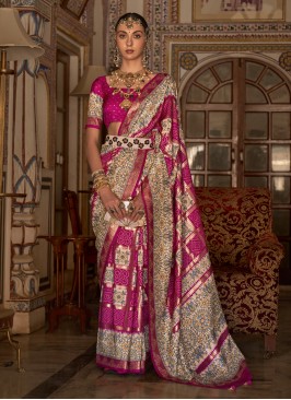 Deep Pink Printed Contemporary Silk Saree