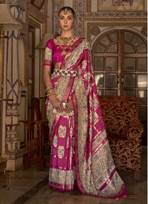 Deep Pink Printed Contemporary Silk Saree
