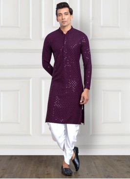 Purple And White Dhoti Style Kurta Pajama