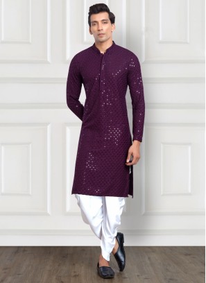 Purple And White Dhoti Style Kurta Pajama