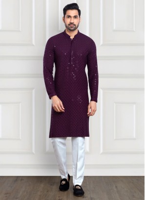 Purple And White Sequins Embroidered Kurta Pajama