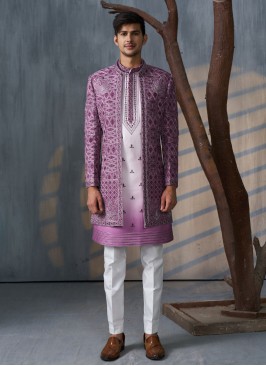Purple Jacket Style Indowestern Set With Embroidery