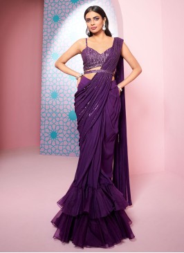 Purple Ready To Wear Tiered Ruffle Saree With Sequins Embroidered Work