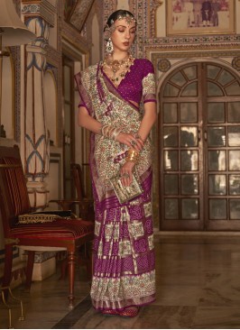 Purple Printed Wedding Wear Silk Saree