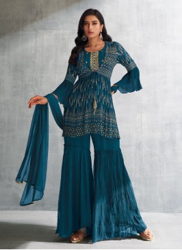 Shagufta Rama Blue Indowestern Sharara Suit With Jacket