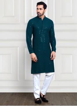 Rama Green And White Cotton Silk Kurta Pajama