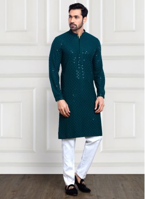 Rama Green And White Cotton Silk Kurta Pajama