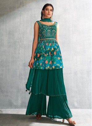 Shagufta Rama Green Floral Printed Brocade Silk Sharara Suit