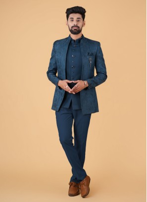 Blue Velvet Bandhgala Chinese/Mandarin Collar Jodhpuri Suit – Bollywood  Wardrobe