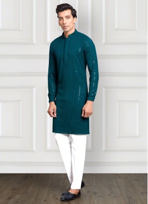 Rama Green Sequins Embroidered Readymade Kurta Pajama