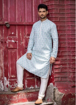 Readymade Aqua Blue Silk Kurta Pajama