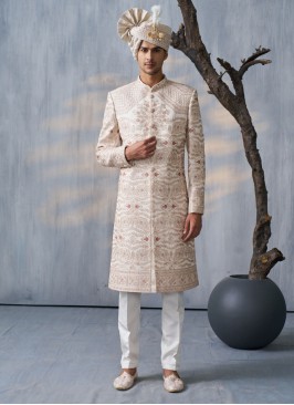 Readymade Cream Silk Sherwani With Embroidered Work