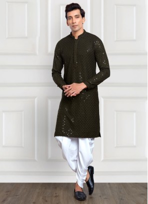 Readymade Dark Olive Green Embroidered Kurta Pajama