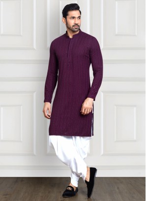 Readymade Dhoti Style Purple Color Cotton Silk Kurta Pajama