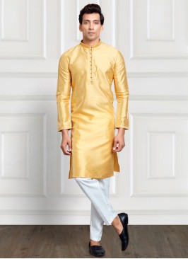 Readymade Golden Yellow Mens Art Silk Kurta Pajama